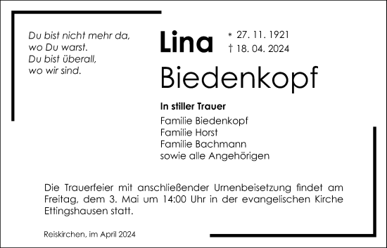 Traueranzeige von Lina Biedenkopf von Giessener Allgemeine, Alsfelder Allgemeine