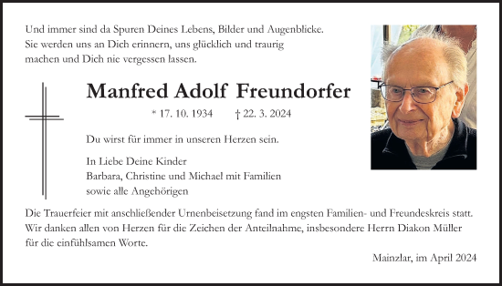 Traueranzeige von Manfred Adolf Freundorfer von Giessener Allgemeine, Alsfelder Allgemeine, Giessener Anzeiger
