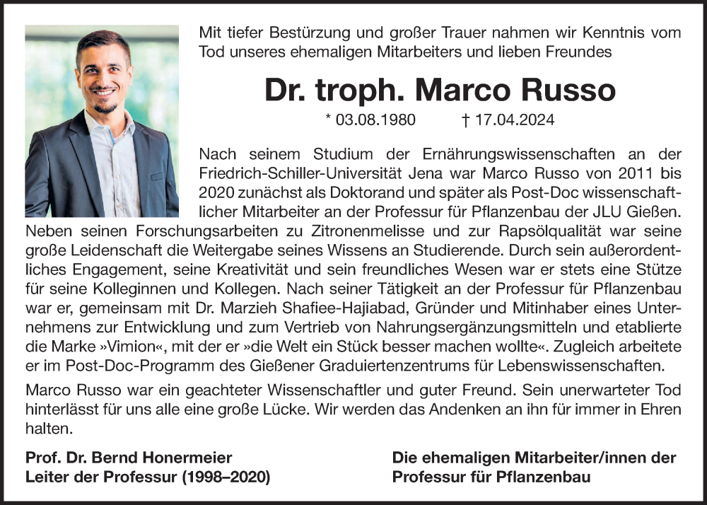 Traueranzeige für Marco Russo vom 24.04.2024 aus Giessener Anzeiger