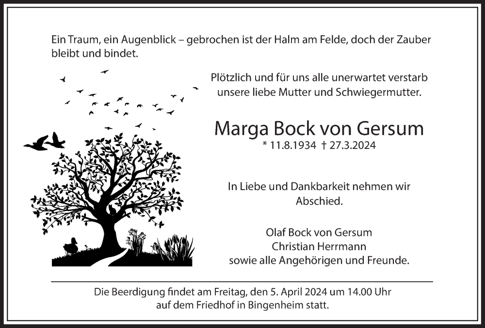  Traueranzeige für Marga Bock von Gersum vom 02.04.2024 aus Giessener Allgemeine, Alsfelder Allgemeine, Wetterauer Zeitung, Kreis-Anzeiger