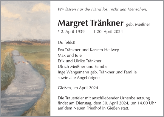 Traueranzeige von Margret Tränkner von Giessener Allgemeine, Alsfelder Allgemeine, Giessener Anzeiger