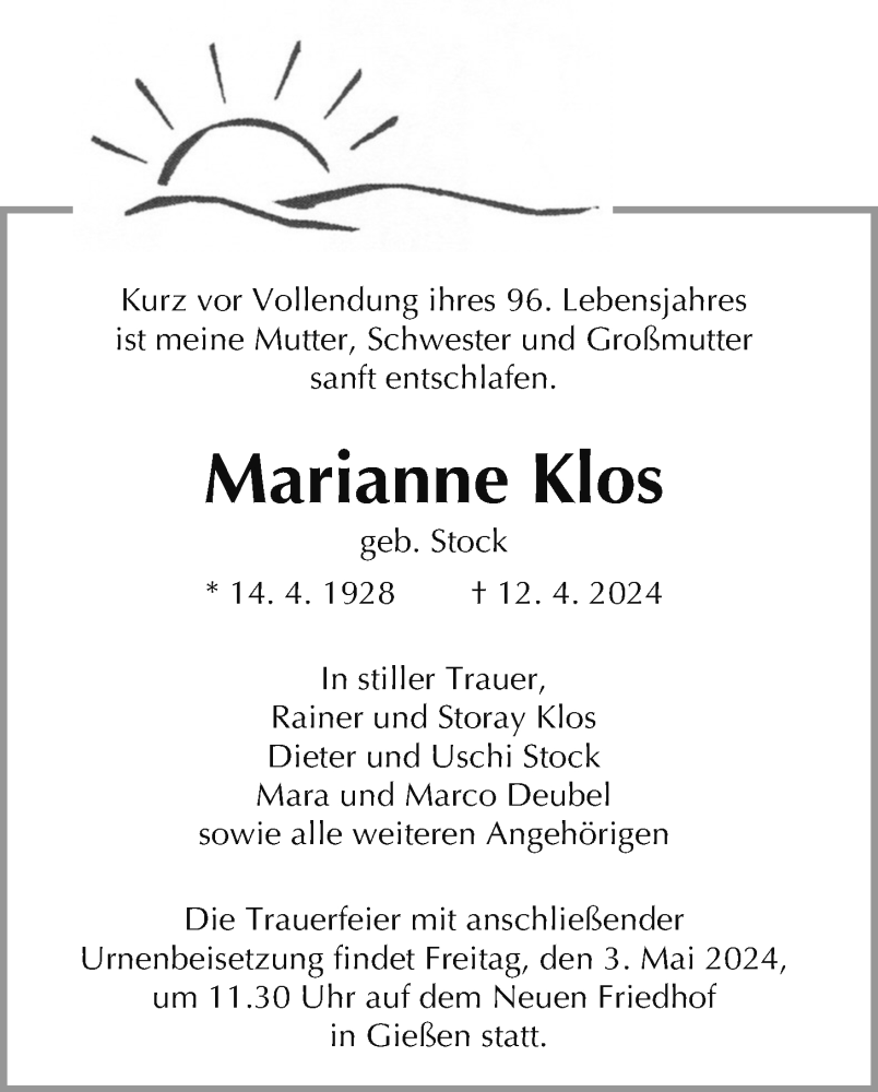  Traueranzeige für Marianne Klos vom 27.04.2024 aus Giessener Allgemeine, Alsfelder Allgemeine, Giessener Anzeiger
