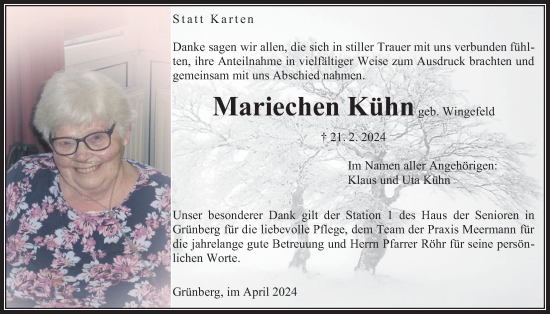 Traueranzeige von Mariechen Kühn von Laubacher Anzeiger, Heimatzeitung Grünberg + Laubach, Mücker Stimme