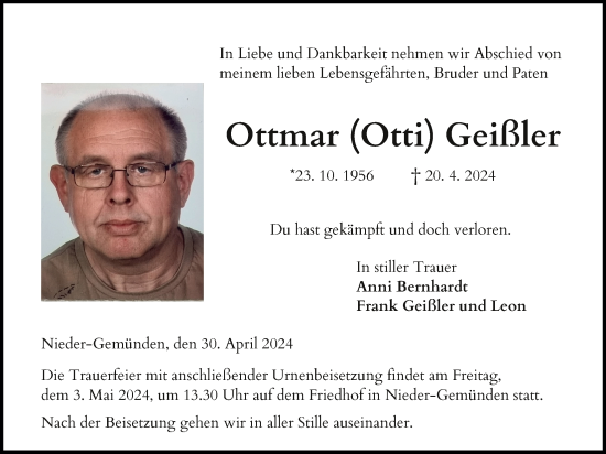 Traueranzeige von Ottmar Geißler von Oberhessische Zeitung, Alsfelder Allgemeine