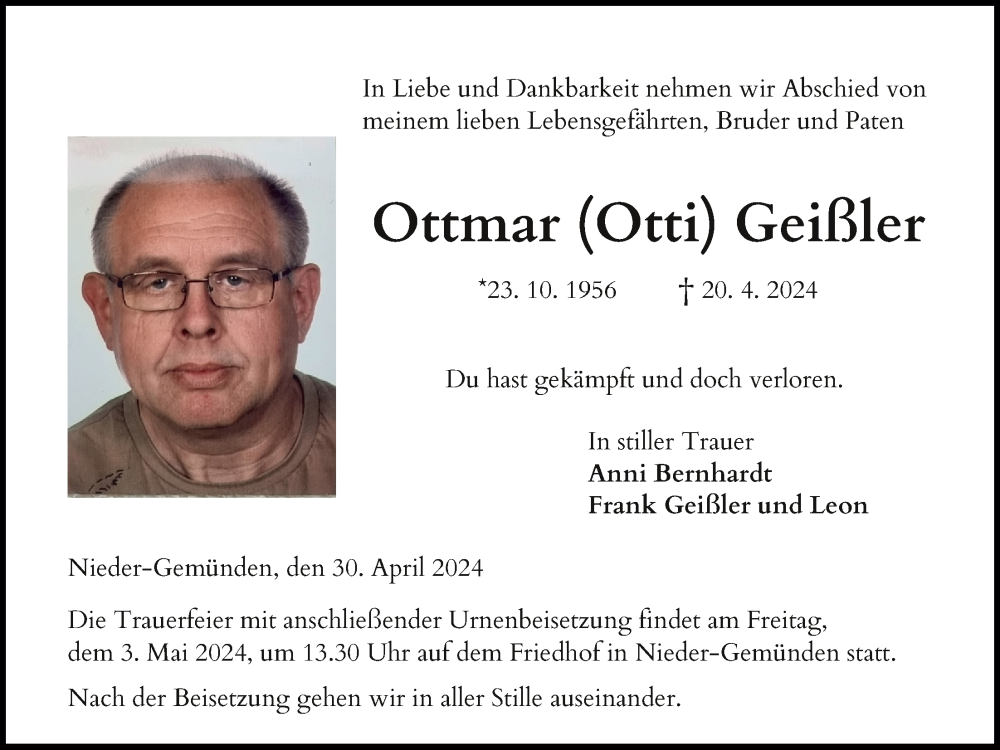  Traueranzeige für Ottmar Geißler vom 30.04.2024 aus Oberhessische Zeitung, Alsfelder Allgemeine