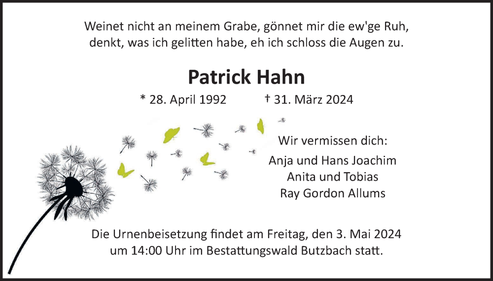  Traueranzeige für Patrick Hahn vom 30.04.2024 aus Wetterauer Zeitung, Butzbacher Zeitung