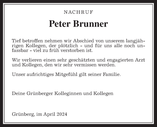 Traueranzeige von Peter Brunner von Giessener Allgemeine, Alsfelder Allgemeine