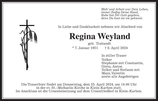 Traueranzeige von Regina Weyland von Bad Vilbel/Karben, Wetterauer Zeitung