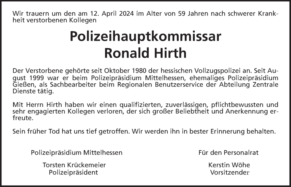  Traueranzeige für Ronald Hirth vom 23.04.2024 aus Giessener Allgemeine, Alsfelder Allgemeine