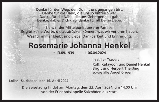 Traueranzeige von Rosemarie Johanna Henkel von Giessener Anzeiger, Giessener Allgemeine, Alsfelder Allgemeine