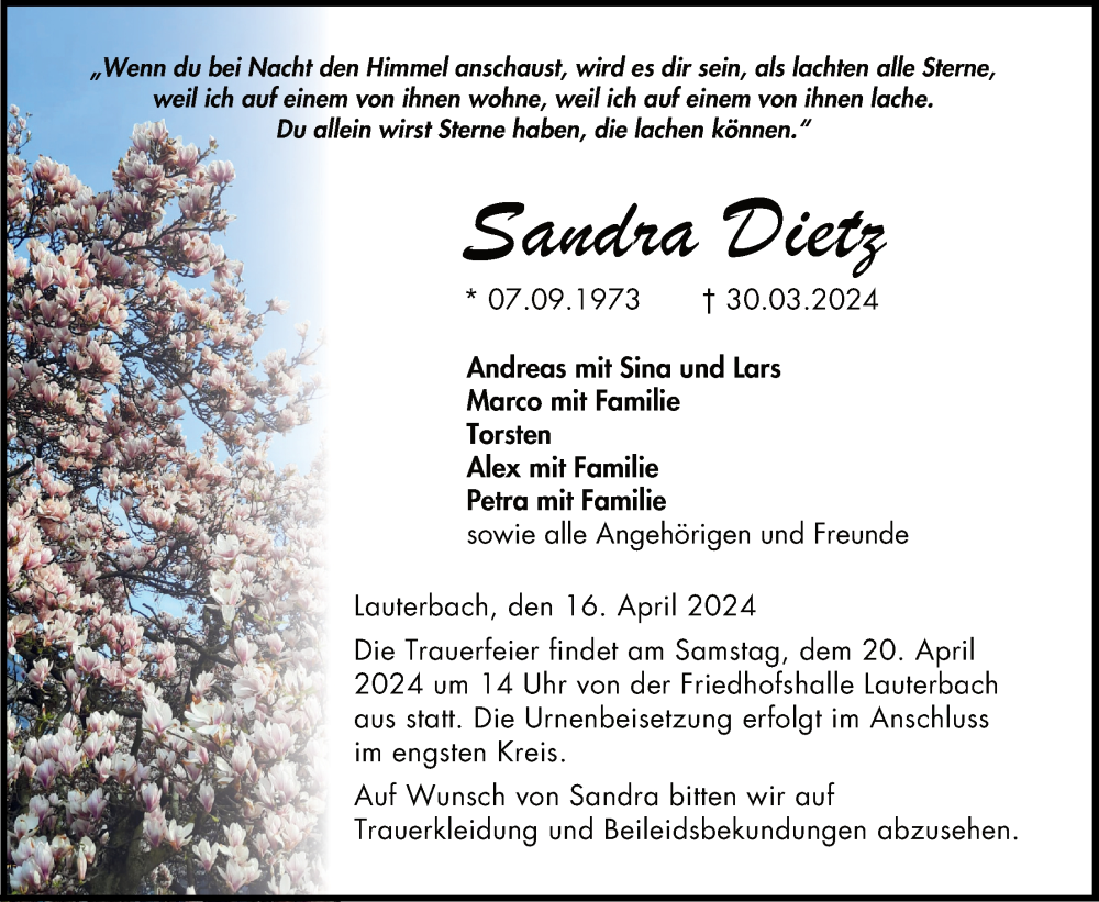 Traueranzeige für Sandra Dietz vom 16.04.2024 aus Lauterbacher Anzeiger