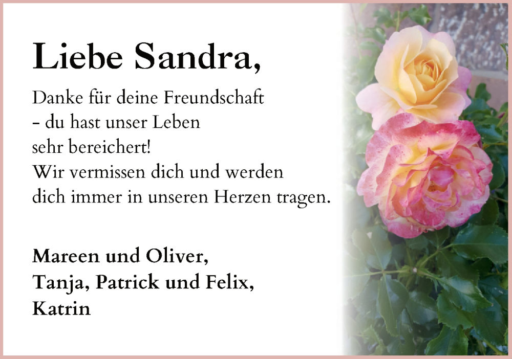  Traueranzeige für Sandra Dietz vom 16.04.2024 aus Lauterbacher Anzeiger