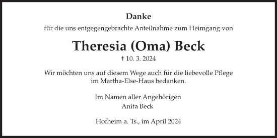 Traueranzeige von Theresia Beck 