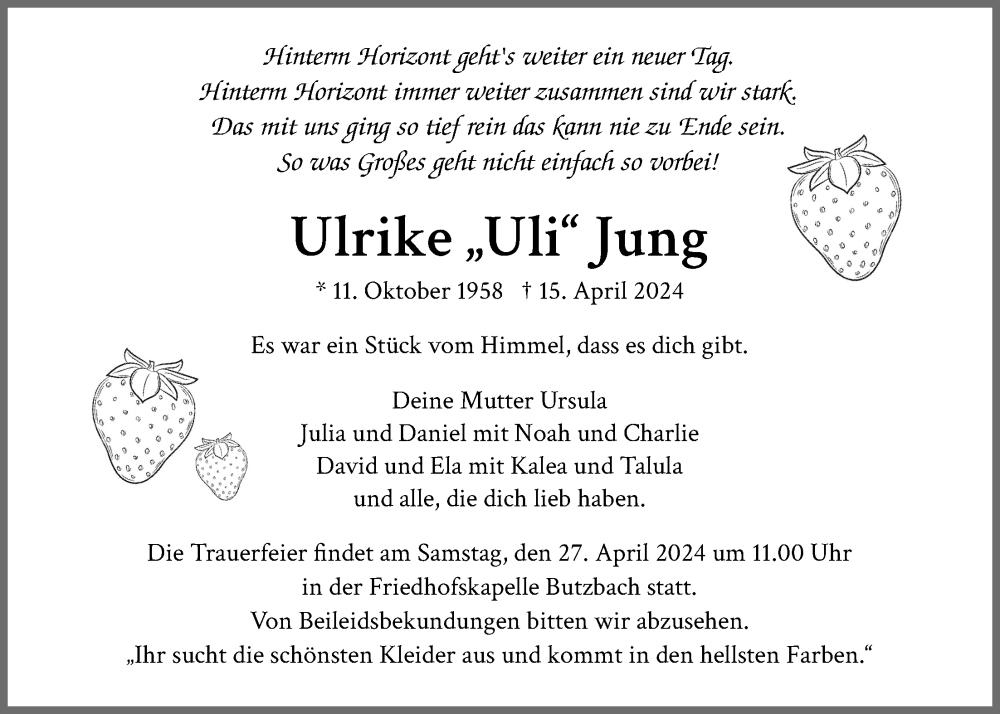  Traueranzeige für Ulrike Jung vom 20.04.2024 aus Butzbacher Zeitung