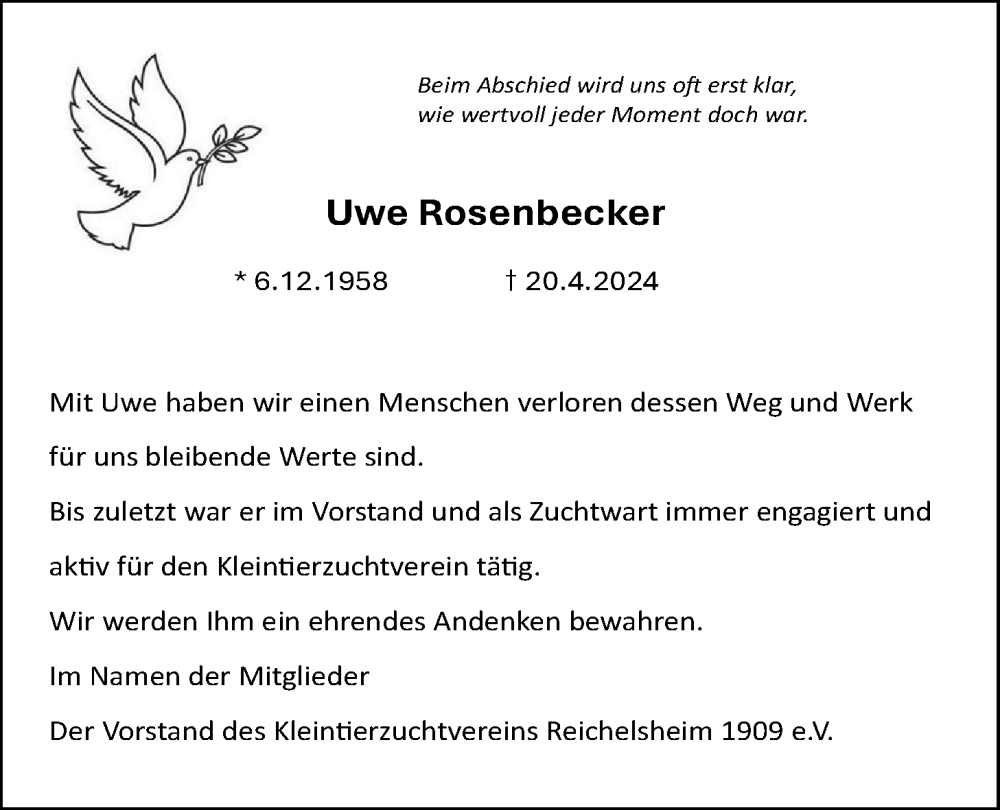  Traueranzeige für Uwe Rosenbecker vom 27.04.2024 aus Wetterauer Zeitung