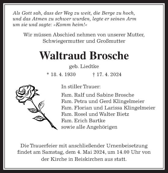 Traueranzeige von Waltraud Brosche von Giessener Allgemeine, Alsfelder Allgemeine