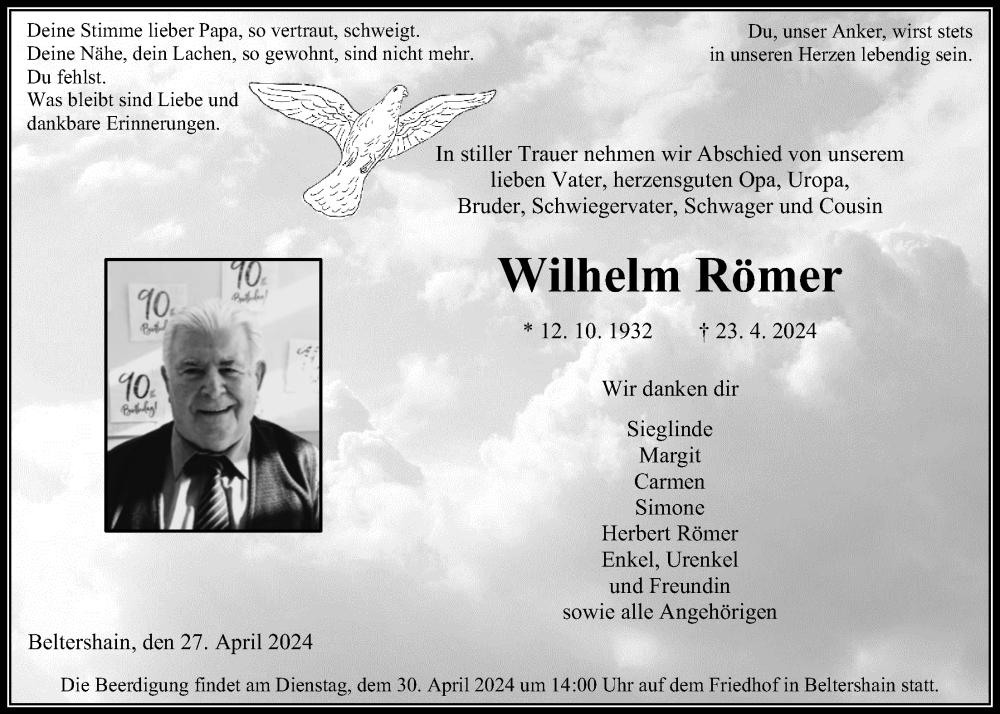  Traueranzeige für Wilhelm Römer vom 27.04.2024 aus Giessener Allgemeine, Alsfelder Allgemeine, Giessener Anzeiger