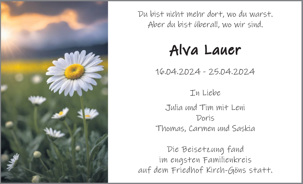 Traueranzeige für Alva Lauer vom 06.05.2024 aus Butzbacher Zeitung