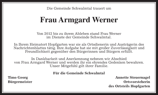 Traueranzeige von Armgard Werner von Oberhessische Zeitung