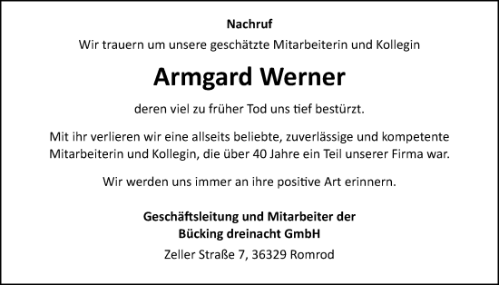 Traueranzeige von Armgard Werner von Oberhessische Zeitung