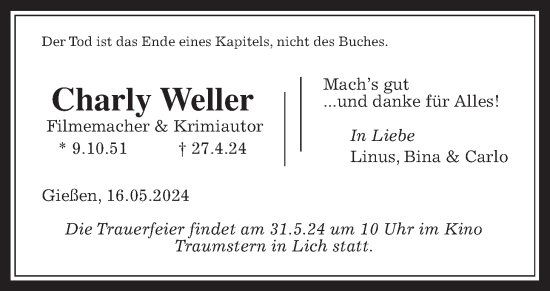 Traueranzeige von Charly Weller von Wetterauer Zeitung, Giessener Allgemeine, Alsfelder Allgemeine