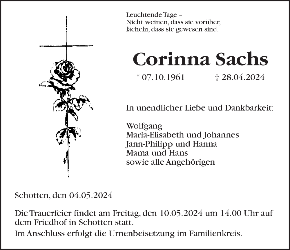  Traueranzeige für Corinna Sachs vom 04.05.2024 aus Kreis-Anzeiger
