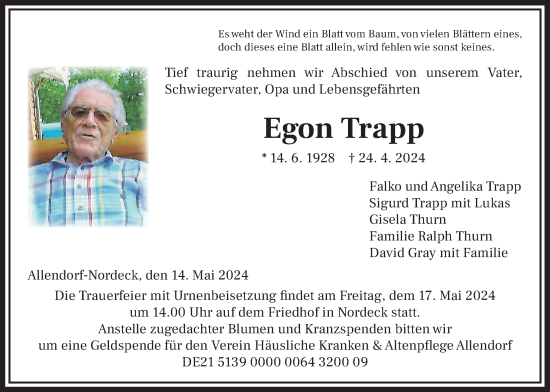 Traueranzeige von Egon Trapp von Giessener Allgemeine, Alsfelder Allgemeine