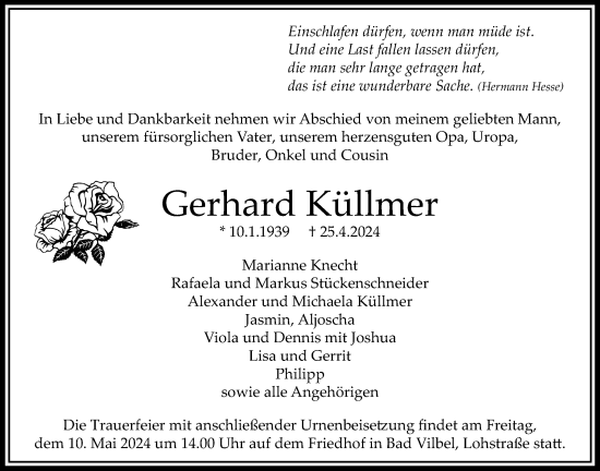 Traueranzeige von Gerhard Küllmer von Bad Vilbel/Karben