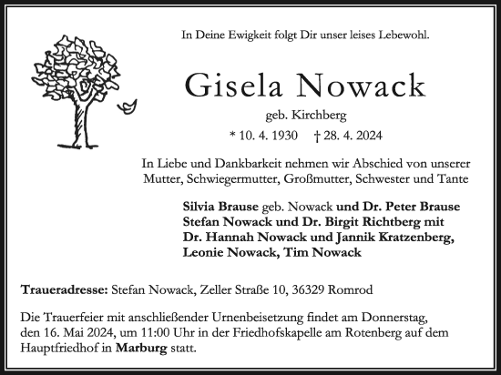 Traueranzeige von Gisela Nowack von Oberhessische Zeitung
