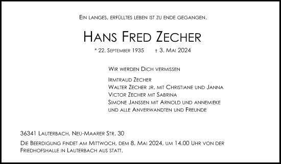 Traueranzeige von Hans Fred Zecher von Lauterbacher Anzeiger
