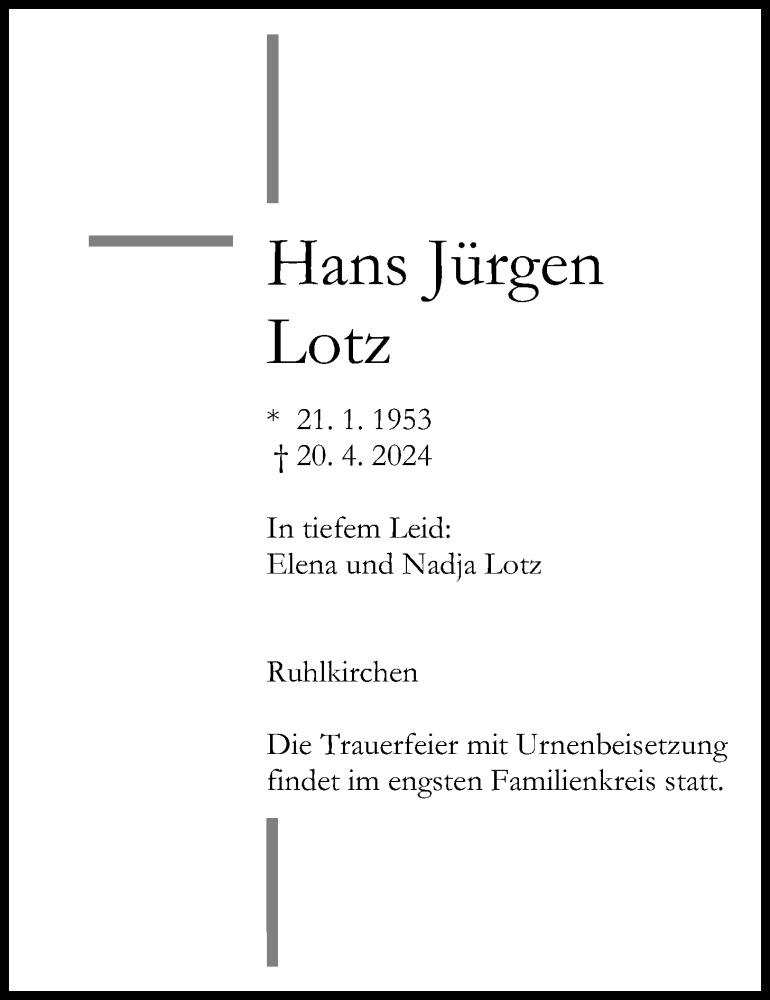  Traueranzeige für Hans Jürgen Lotz vom 04.05.2024 aus Oberhessische Zeitung