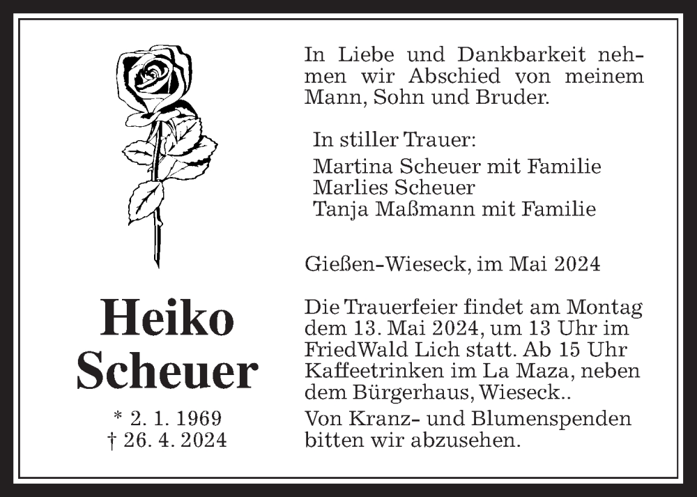  Traueranzeige für Heiko Scheuer vom 08.05.2024 aus Giessener Allgemeine, Alsfelder Allgemeine