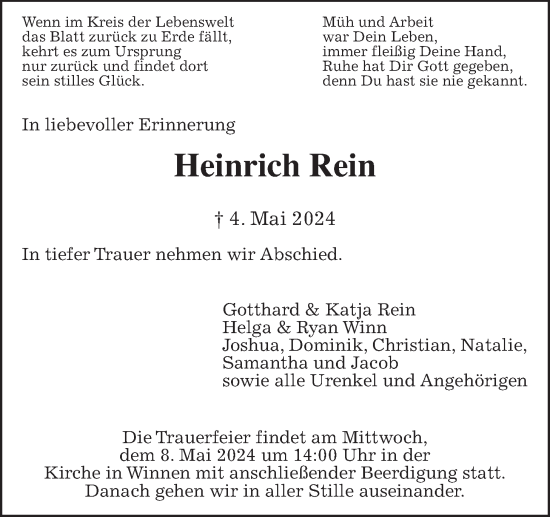 Traueranzeige von Heinrich Rein von Giessener Allgemeine, Alsfelder Allgemeine