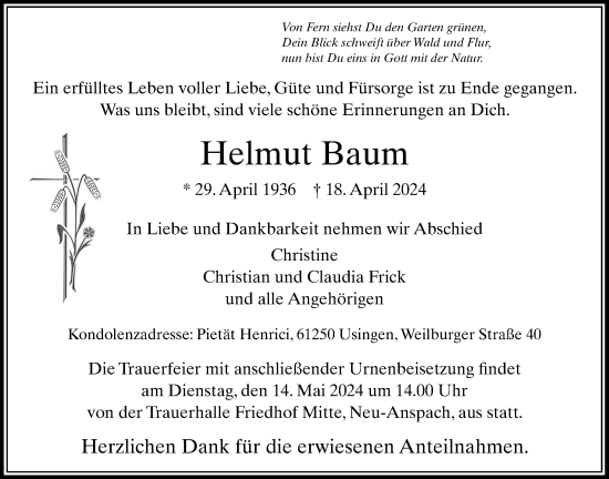 Traueranzeige von Helmut Baum von Usinger Anzeigenblatt