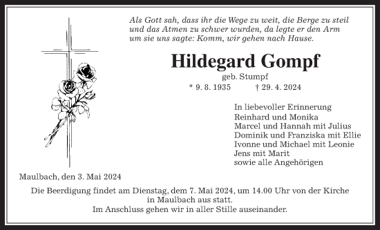 Traueranzeige von Hildegard Gompf von Oberhessische Zeitung