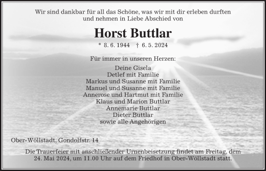 Traueranzeige von Horst Buttlar von Wetterauer Zeitung
