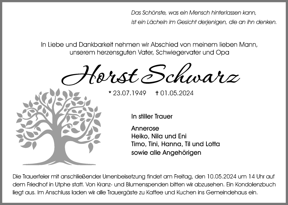  Traueranzeige für Horst Schwarz vom 08.05.2024 aus Licher Wochenblatt