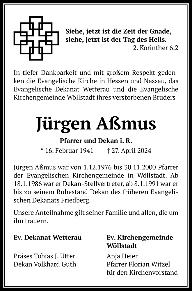  Traueranzeige für Jürgen Aßmus vom 04.05.2024 aus Wetterauer Zeitung