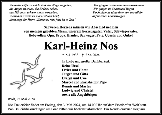 Traueranzeige von Karl-Heinz Nos von Kreis-Anzeiger