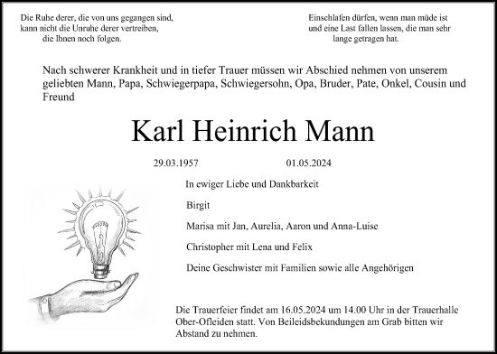 Traueranzeige von Karl Heinrich Mann von Giessener Allgemeine, Alsfelder Allgemeine