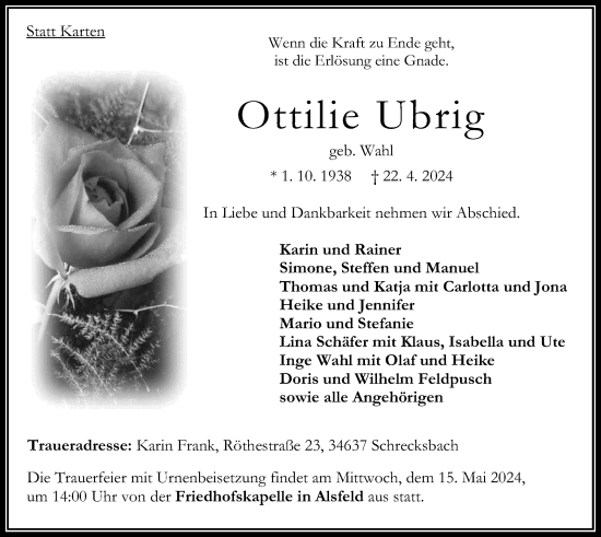Traueranzeige von Ottilie Ubrig von Oberhessische Zeitung