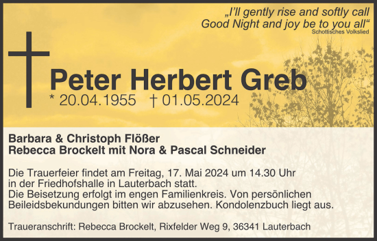 Traueranzeige von Peter Herbert Greb von Lauterbacher Anzeiger