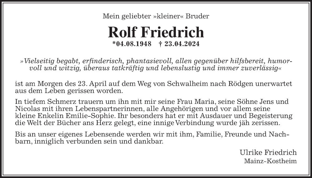  Traueranzeige für Rolf Friedrich vom 04.05.2024 aus Wetterauer Zeitung
