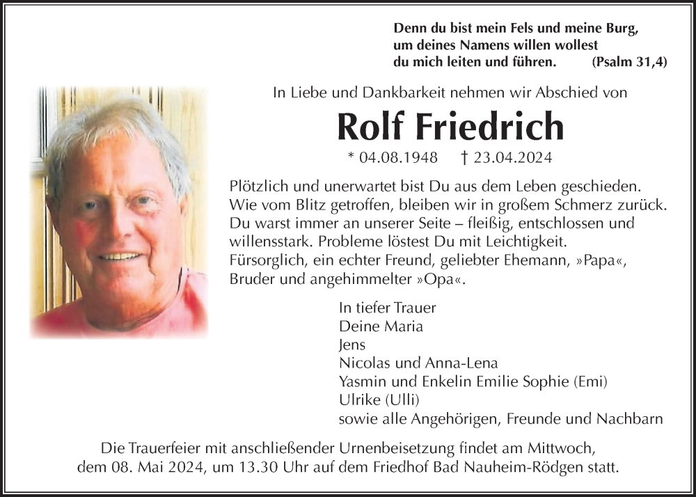  Traueranzeige für Rolf Friedrich vom 04.05.2024 aus Wetterauer Zeitung