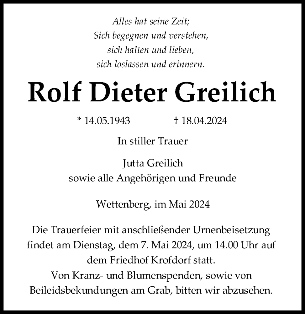  Traueranzeige für Rolf Dieter Greilich vom 04.05.2024 aus Giessener Anzeiger