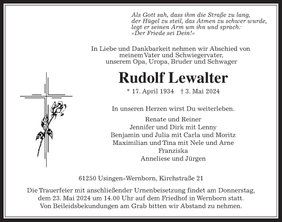Traueranzeige von Rudolf Lewalter von Usinger Anzeiger