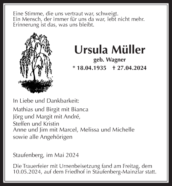 Traueranzeige von Ursula Müller von Giessener Allgemeine, Alsfelder Allgemeine, Giessener Anzeiger