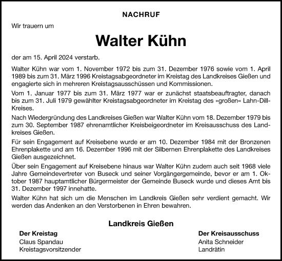 Traueranzeige von Walter Kühn von Giessener Allgemeine, Alsfelder Allgemeine, Giessener Anzeiger