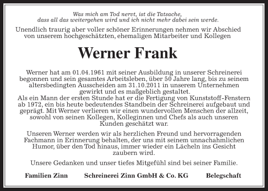 Traueranzeige von Werner Frank von Oberhessische Zeitung