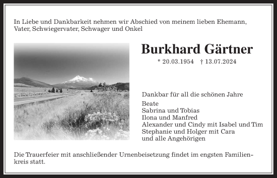 Traueranzeigen von Burkhard Gärtner mittelhessengedenkt.de